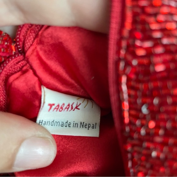 Red Beaded Micro Purse Bag Clutch Baguette Handmade in Nepal - Picture 5 of 8